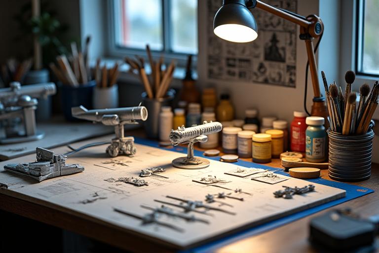 A meticulously organized hobby workbench with various scale model airplane kits, tools, and paints, under bright, focused lighting.
