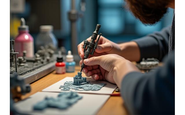 A beginner using an airbrush on a miniature model